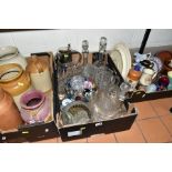 THREE BOXES OF GLASS AND CERAMICS, to include claret jug with plated mounts, decanters, Denby