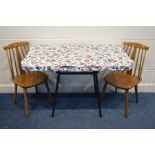 A RETRO FORMICA TOPPED DROP LEAF TABLE, on a tubular frame, open width 118.5cm x depth 67cm x height