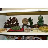 A GROUP OF ORIENTAL AND ETHNIC RESIN AND HARDSTONE CARVINGS, including ashtrays, an elephant