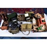 LARGE BOX OF ITEMS AND LOOSE BOXES OF A MILITARY INTEREST, some miscellaneous items, canvas bags,