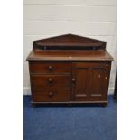 A VICTORIAN STAINED PINE SIDEBOARD, with a raised back and shelf, above three drawers beside a
