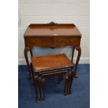 A REPRODUCTION BURR WALNUT AND MAHOGANY SIDETABLE, with two frieze drawers, wavy apron on cabriole
