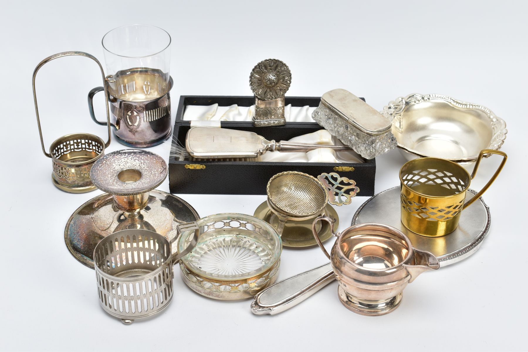 A COLLECTION OF SILVER AND SILVER PLATED ITEMS, to include a cased small silver hair brush measuring