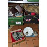 TWO BOXES AND LOOSE COLLECTABLES, including cased and boxed cameras/movie cameras, a set of Weylux