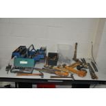 A SELECTION OF ENGINEERING AND BUILDERS TOOLS including hide mallets, planishing hammers, a socket