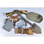 BOX CONTAININT VARIOUS MILITARIA, as follows two WWII era US issue folding trench shovels, one in