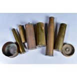A BOX CONTAINING A NUMBER OF MILITARY FIELD GUN/ARTILLERY SHELLS, various calibres and dates, ie.