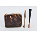 A GOLD MOUNTED TORTOISESHELL CIGARETTE CASE, GOLD MOUNTED CHEROOT AND A RETRACTABLE PENCIL, the