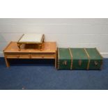 A VINTAGE GREEN TRAVELLING TRUNK, together with a square oak footstool and a tile top coffee