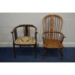 A 19TH CENTURY ELM AND BEECH SPINDLE HOOP BACK ARMCHAIR on a H stretcher together with an
