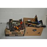 TWO TRAYS CONTAINING WOODWORKING TOOLS including a Record No 05 plane, chisels, awls, brace, saws,