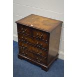 A SMALL REPRODUCTION BURR WALNUT AND MAHOGANY CHEST OF TWO SHORT OVER THREE LONG DRAWERS, width 62cm