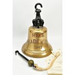 A LARGE BRASS 'HANGING' BELL NAMED 'H.M.S. TRADEWIND 1943', the bell which is complete with mounting