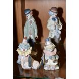 FOUR LLADRO CLOWN FIGURES, 'Pierrot with Puppy' No 5277 by Jose Puche, 'Tired Friend' by Antonio
