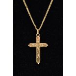 AN 18CT GOLD CRUCIFIX LOCKET AND CHAIN, the foliate and scroll engraved hinged pendant, opens to