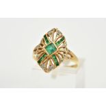 A LATE 20TH CENTURY EMERALD AND DIAMOND NAVETTE SHAPED PLAQUE RING, head measuring 18.5mm x 12.