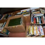 FIVE BOXES OF BOOKS AND A BOX OF DVD'S, the books include cookery, autobiography, gardening, etc,