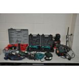 A COLLECTION OF POWER TOOLS including a Parkside mini bench grinder, drill sharpener, angle grinder,