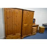 FIVE VARIOUS MODERN PINE BEDROOM FURNITURE, to include two double door wardrobes, width 99cm x depth