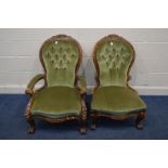 A PAIR OF VICTORIAN STYLE MAHOGANY SPOON BACK CHAIRS, to include an open armchair
