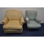 A DURESTA GOLD UPHOLSTERED ARMCHAIR, together with a distressed Edwardian armchair (2)