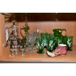 A SMALL GROUP OF GLASSWARES, to include a liqueur decanter and four matching glasses, florally