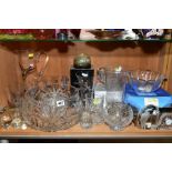 A GROUP OF VICTORIAN AND LATER GLASSWARE including modern boxed pieces, including a Galway quartz