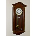 A MODERN WILLIAM WIDDOP MAHOGANY FINISH WALL CLOCK, gong strike, grid iron pendulum, key, height