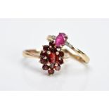 A 9CT GOLD GARNET CLUSTER RING AND ONE OTHER, the garnet cluster of lozenge shape, set with a