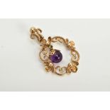 A LATE 20TH CENTURY 9CT GOLD FANCY AMETHYST PENDANT, floral design suspending a round bead amethyst,