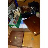 TWO BOXES OF TABLE LINEN, METALWARE, HOUSEHOLD SUNDRIES, ETC, including a shoe box containing