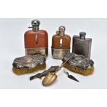 A MIXED LOT, to include two metal and glass hip flasks in leather with captive lids, another
