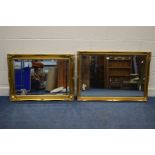 TWO MODERN FOLIATE GILTWOOD BEVELLED EDGE WALL MIRRORS, largest mirror 101cm x 70cm