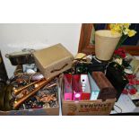 SIX BOXES AND LOOSE METALWARES, OFFICE EQUIPMENT, KITCHENALIA, etc, including a stainless steel fish