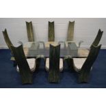 A GREEN FINISH BAMBOO DINING SET, comprising a glass top table with canted corners on two separate