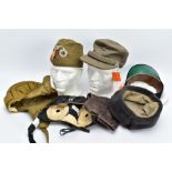 A BOX CONTAINING THE FOLLOWING MILITARY HEADGEAR, RN Officers Cap white top, Eastern Europe fur type