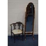 AN EDWARDIAN STYLE MAHOGANY FRAMED CHEVAL MIRROR, width 39cm x height 156cm (missing one finial,