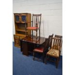 A MID 20TH CENTURY OAK GATE LEG TABLE, five various chairs including one carver, together with an