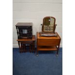 A MID 20TH CENTURY TEAK DROP LEAF TEA TROLLEY, together with a Victorian mahogany toilet mirror