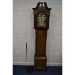 AN EARLY 20TH CENTURY EIGHT DAY AND TRIPLE WEIGHT MAHOGANY AND INLAID LONGCASE CLOCK, the hood