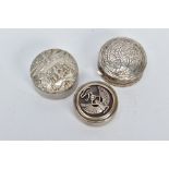 TWO EGYPTIAN SILVER PILL BOXES AND ONE OTHER, the first with an openwork figure of 'Iris' the