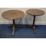 TWO GEORGIAN MAHOGANY CIRCULAR TOPPED TRIPOD TABLES, largest diameter 78cm (woodworm to one table)