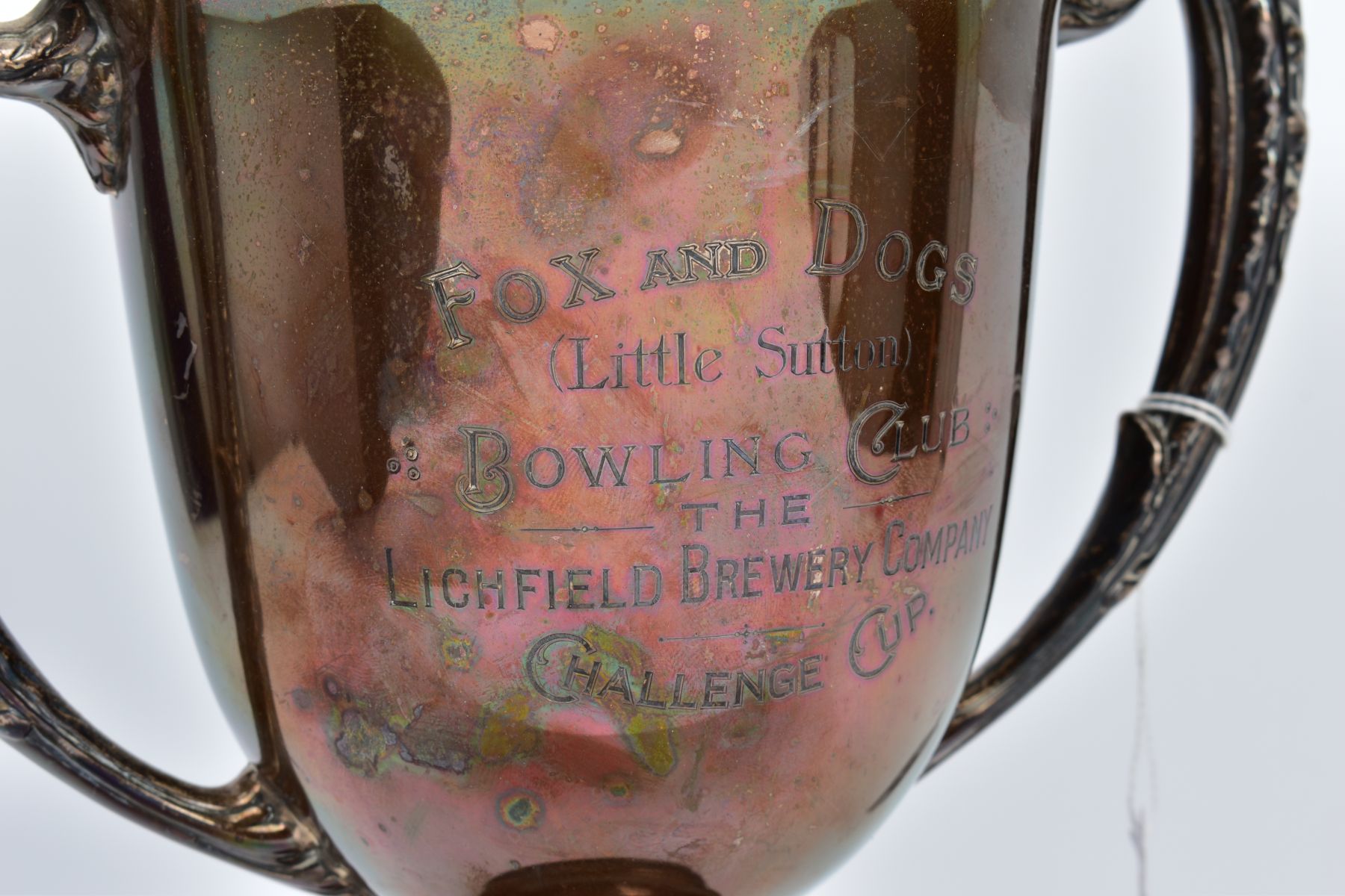 A SILVER TROPHY CUP WITH BASE, of a plain polished design, foliate scroll handles, engraved 'Fox and - Image 2 of 4