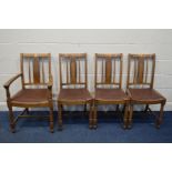 A SET OF FOUR 1940'S OAK DINING CHAIRS, including one carver and a chrome adjustable floor