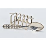 A SILVER TOAST RACK AND SPOON, the toast rack of a plain polished design, hallmarked Sheffield