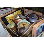 A BOX OF METALWARES, etc, including a copper kettle, vintage Salters scales, bakelite powder bowl