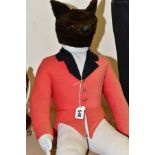A SOFT TOY FIGURE OF A SEATED FOX DRESSED AS A HUNTSMAN, jacket is sunlight faded and there is a