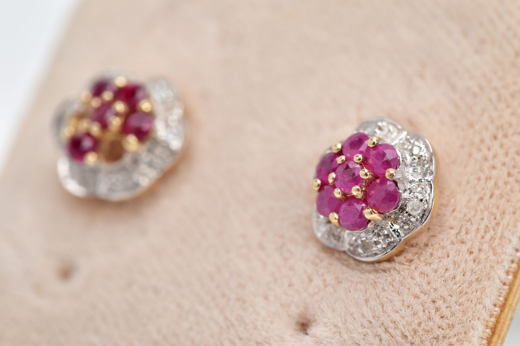 A PAIR OF 9CT GOLD RUBY AND DIAMOND EARRINGS, each of a flower design set with circular cut - Image 3 of 3