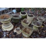 A COLLECTION OF VARIOUS PAINTED/UNPAINTED COMPOSITE GARDEN PLANTERS/URNS, to include a painted