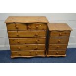 A MODERN PINE SERPENTINE TOPPED CHEST OF TWO SHORT OVER FOUR LONG DRAWERS, width 84cm x depth 42cm x